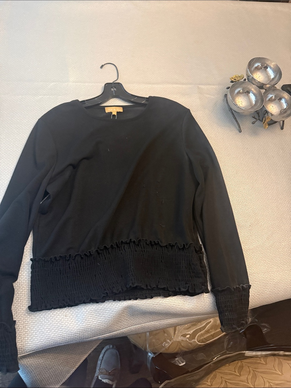 Stellah Black Crewneck Sweater with Smocked Hem